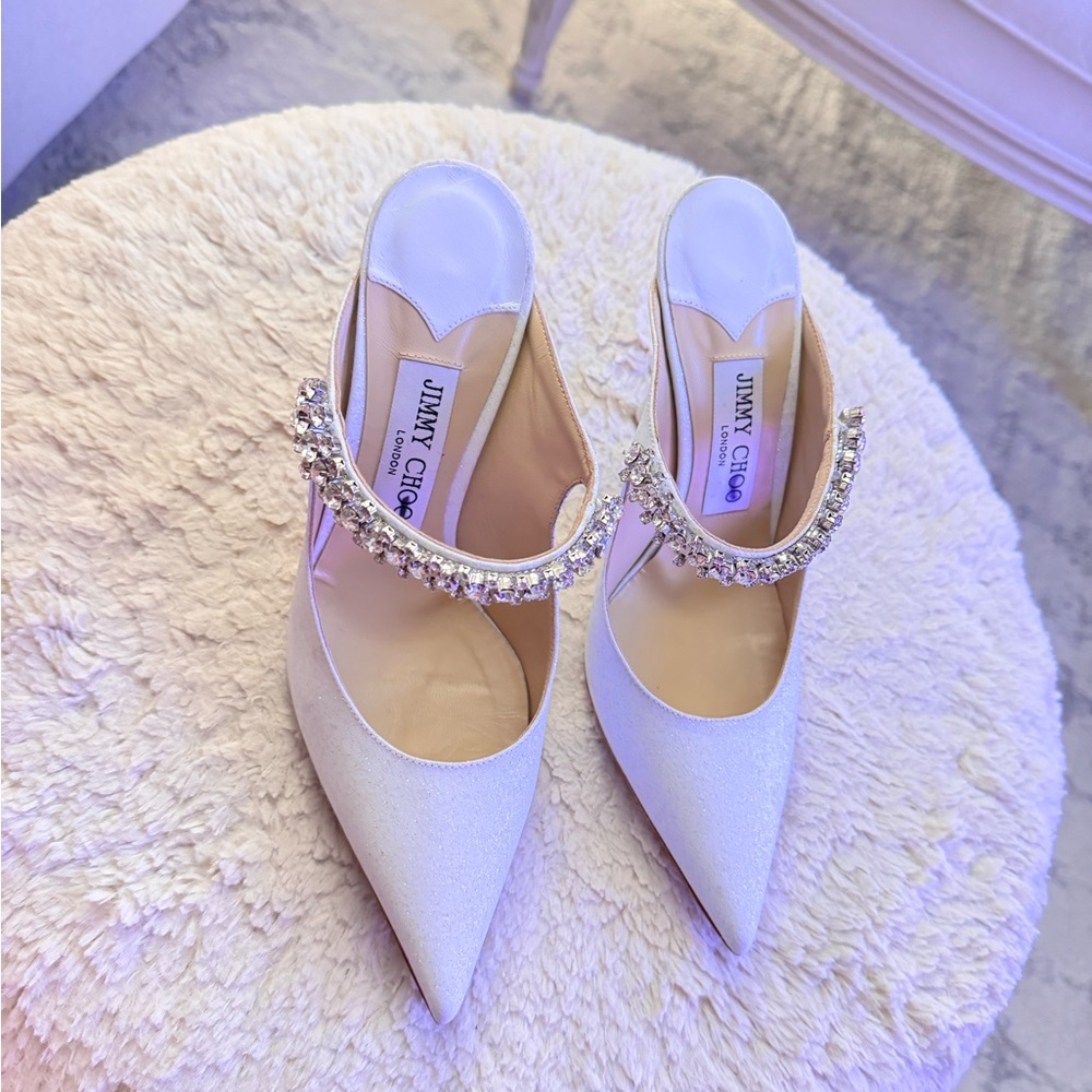 Jimmy Choo White Bing 100 crystal-embellished mules